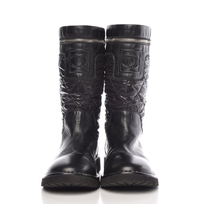 Chanel Calfskin Nylon Quilted Motorcycle Zip Boots 38.5 Black 2 of 11
