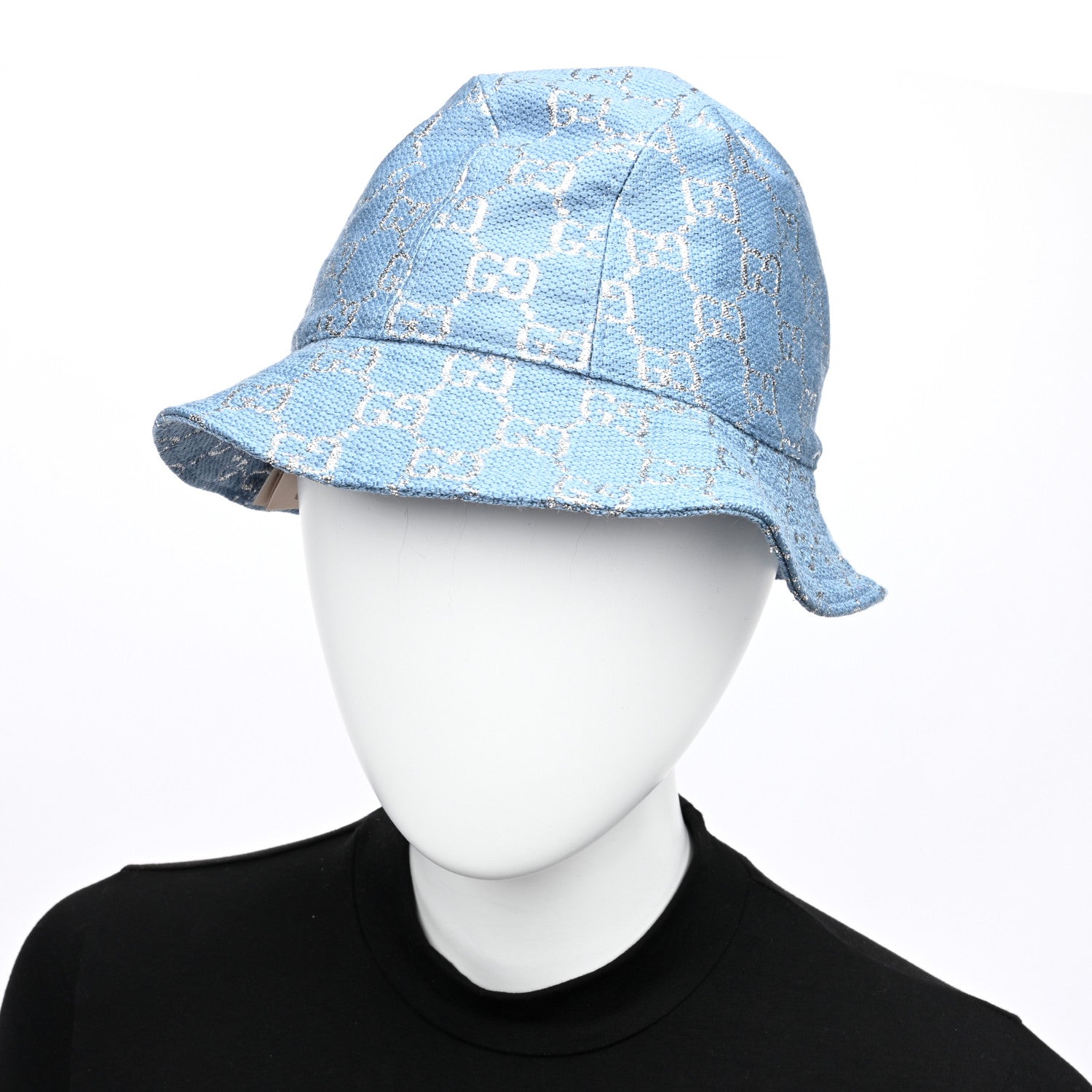 Gucci Canvas Lame GG Monogram Bucket Hat M Light Blue Silver 2 of 8