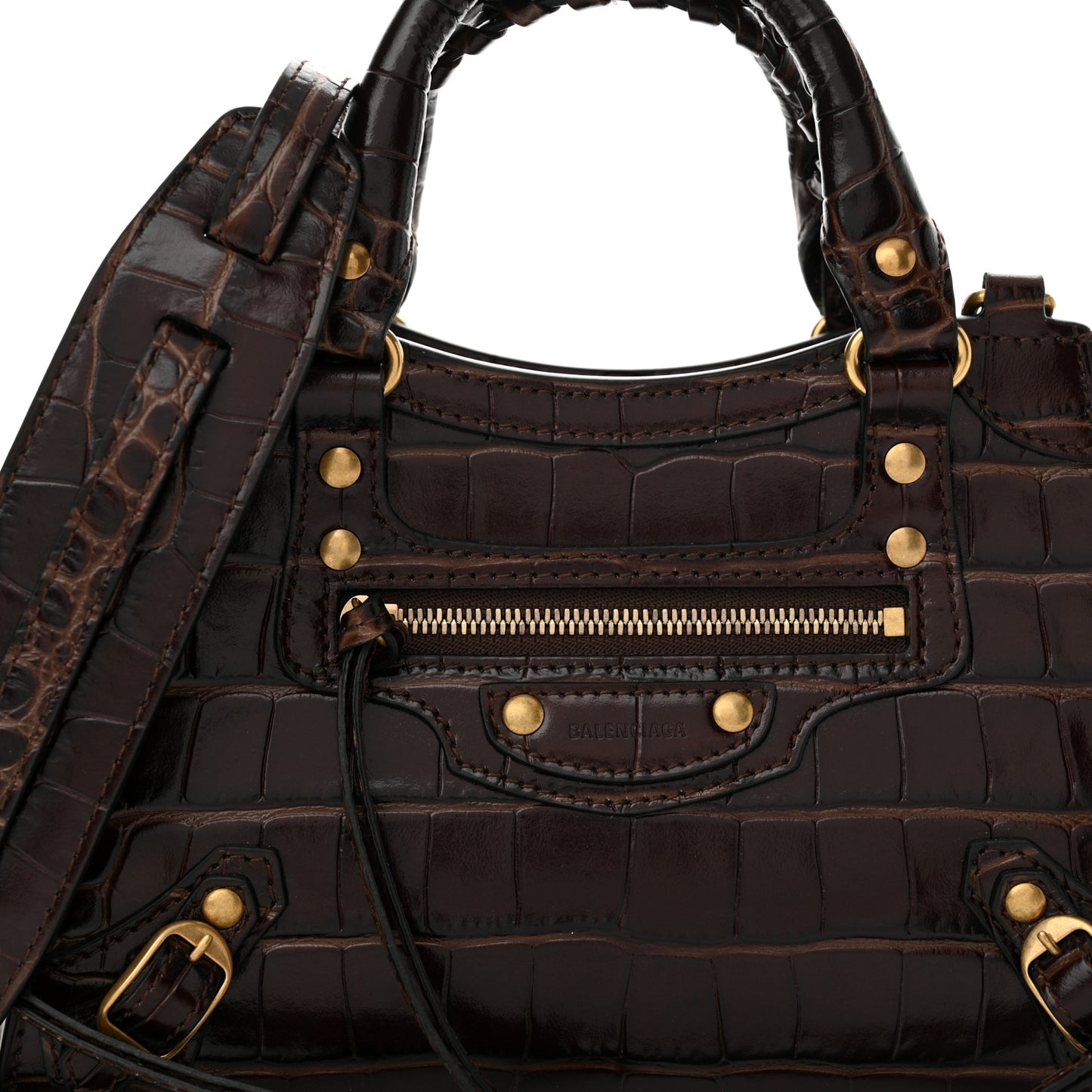 Semi Shiny Calfskin Crocodile Embossed Neo Classic Gold Hardware Mini City Dark Brown