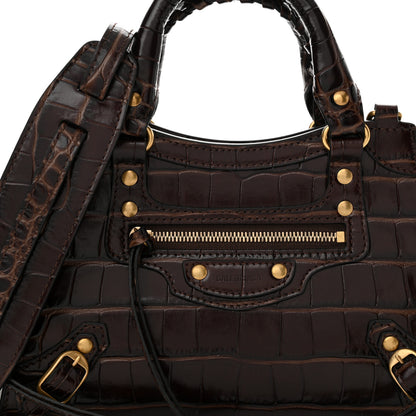 Balenciaga Semi Shiny Calfskin Crocodile Embossed Neo Classic Gold Hardware Mini City Dark Brown 7 of 9