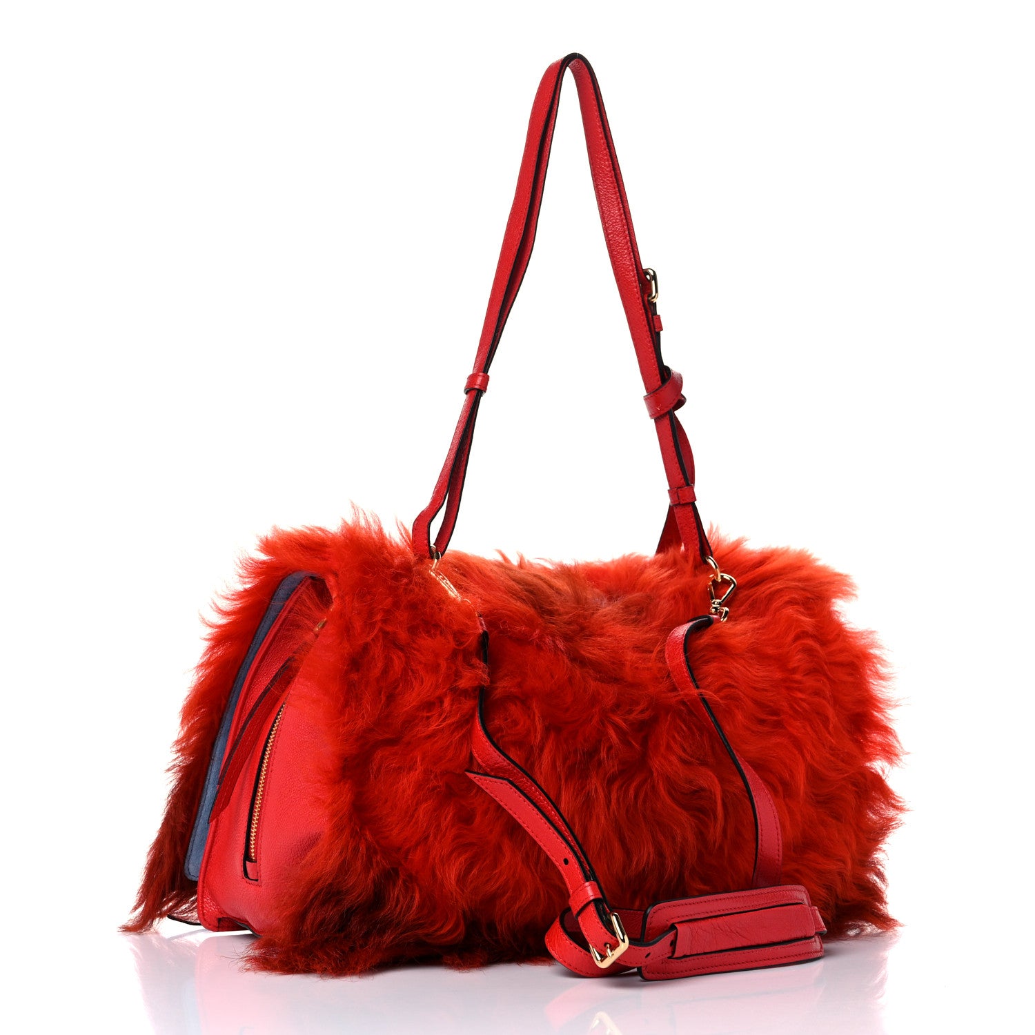 Prada Shearling Fur Calfskin Suede Shoulder Bag Red 3 of 11