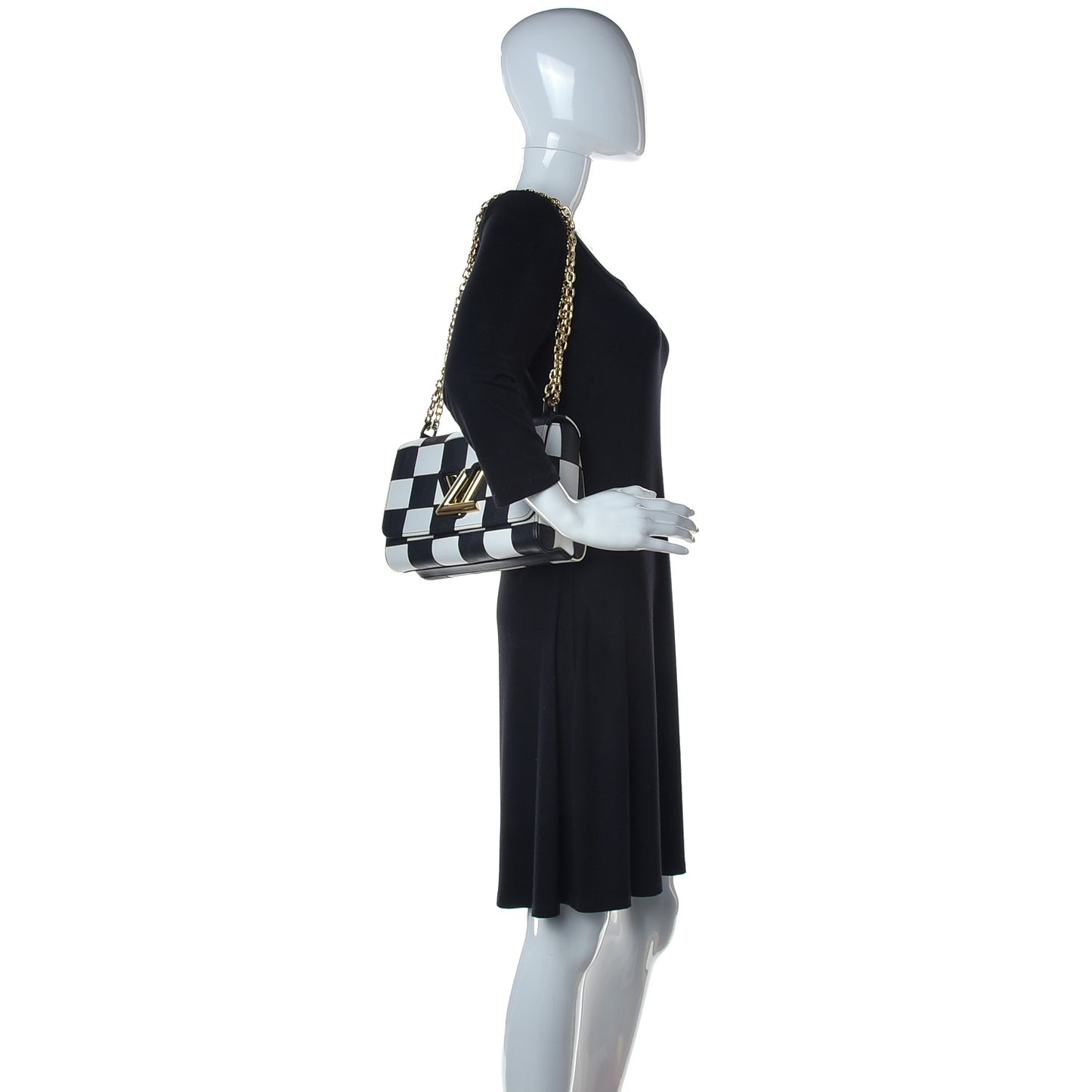 Calfskin Damier Tressage Twist Shoulder Bag MM Black White