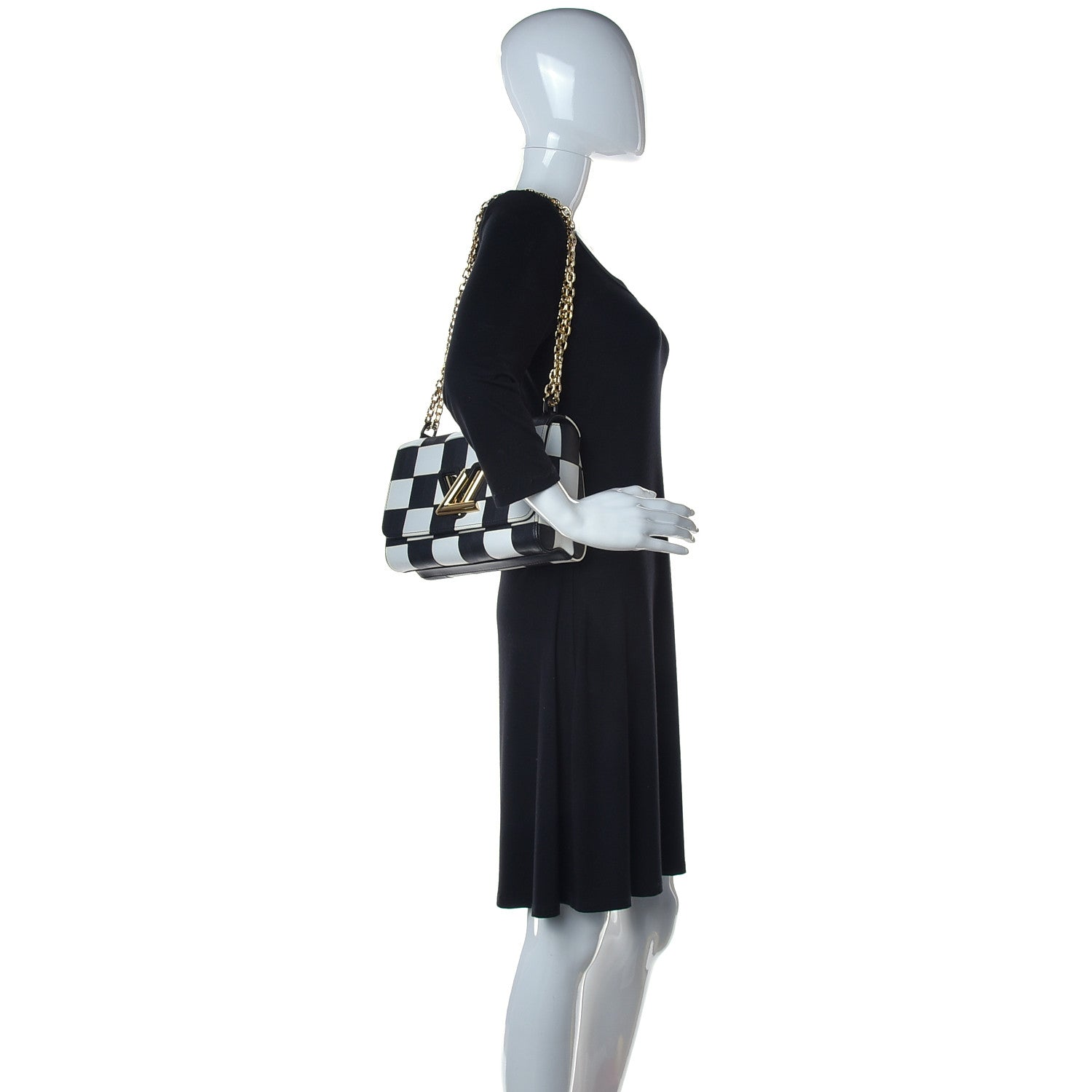 Louis Vuitton Calfskin Damier Tressage Twist Shoulder Bag MM Black White 2 of 13