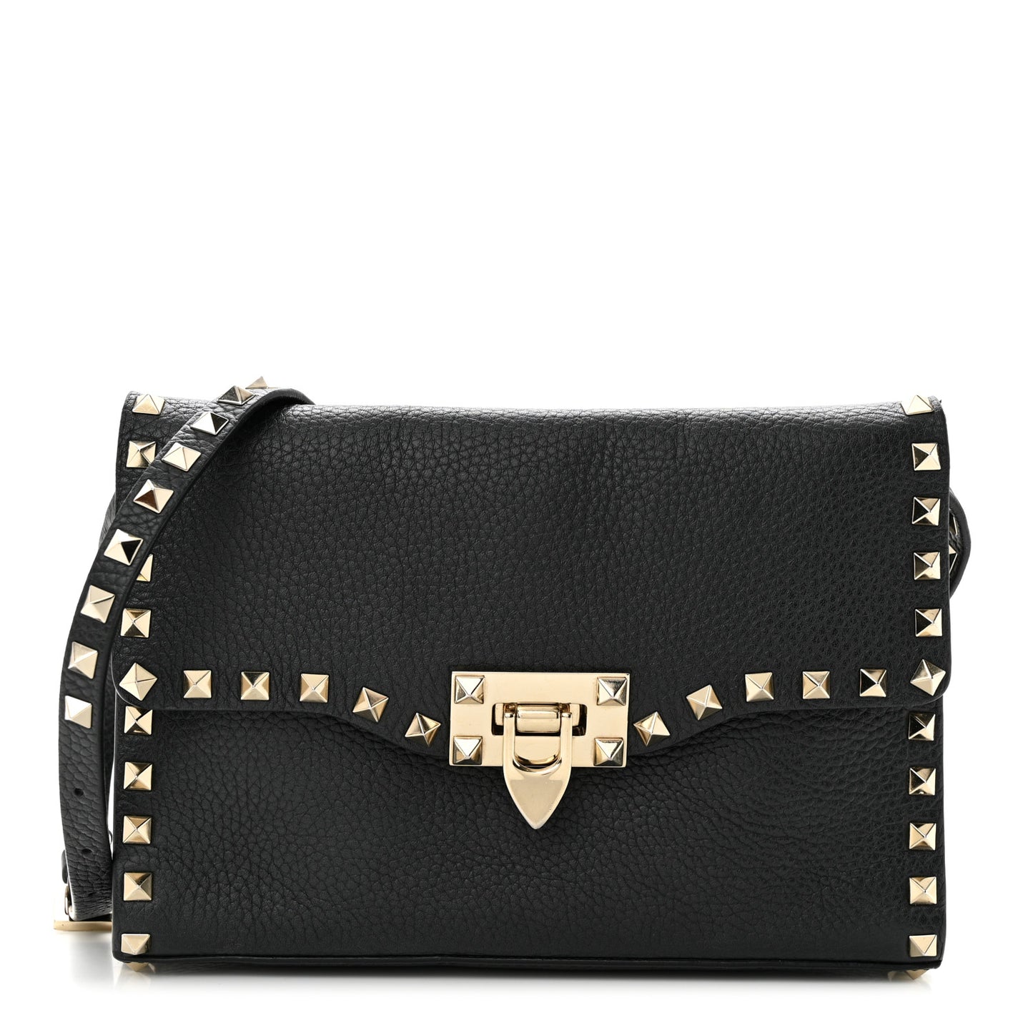 VALENTINO GARAVANI Pebbled Calfskin Medium Rockstud Flip Lock Crossbody Bag Black