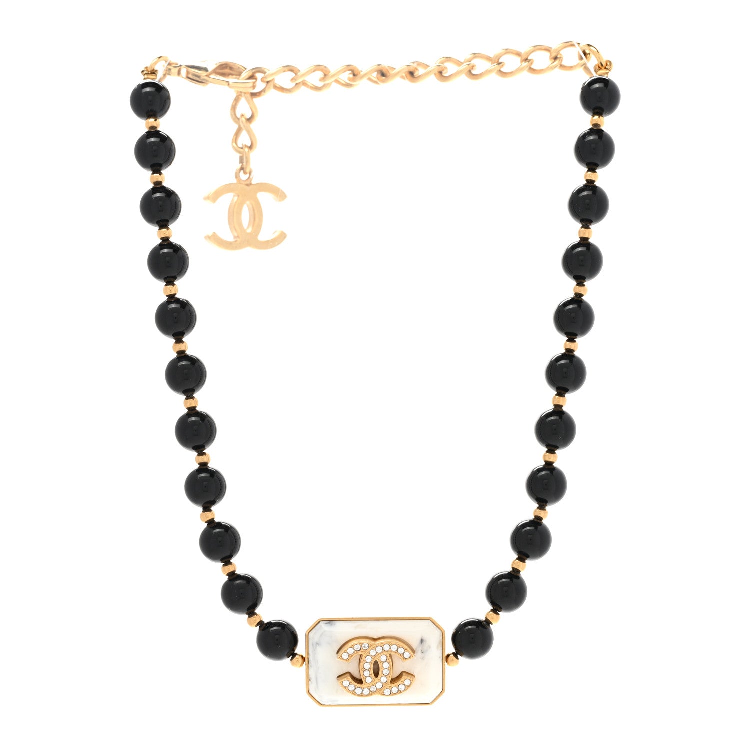 Chanel Crystal CC Marble Beaded Choker Necklace Black Gold 3 of 6
