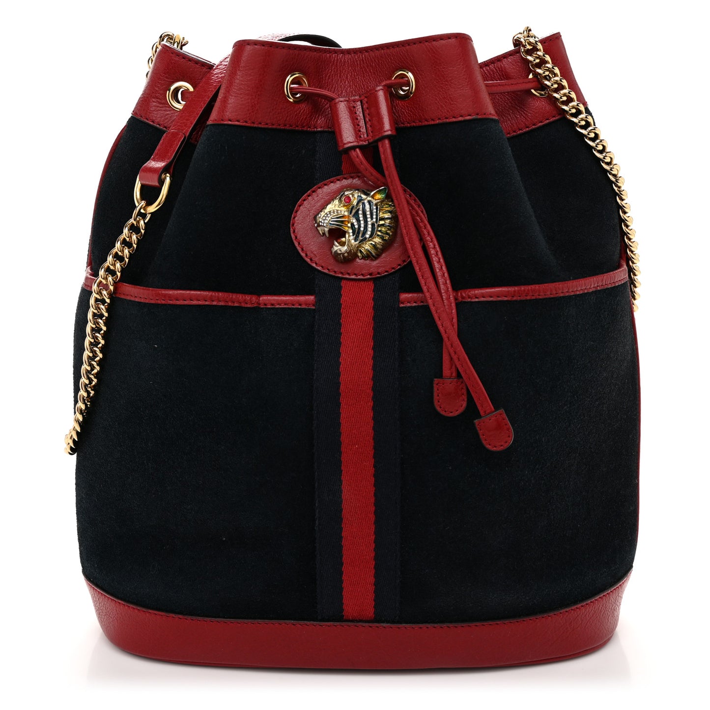Suede Calfskin Web Medium Rajah Bucket Bag New Blue Romantic Cherry