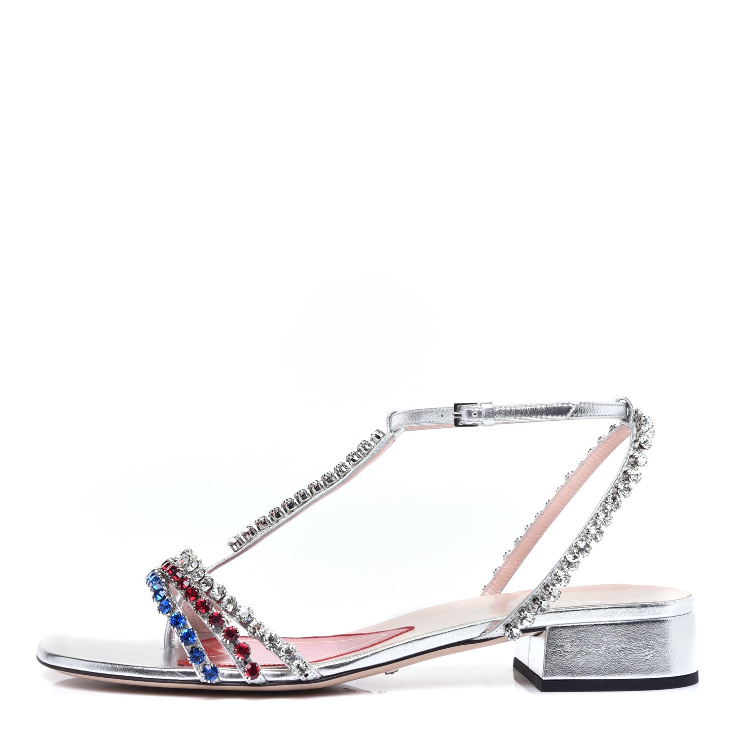 Gucci Nappa Silk Crystal Bertie T-Strap Low Heel Sandals 39 Argento 1 of 13