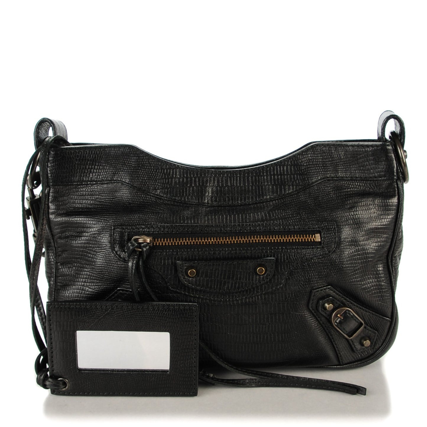 Agneau Classic Hardware Lizard Embossed Hip Black