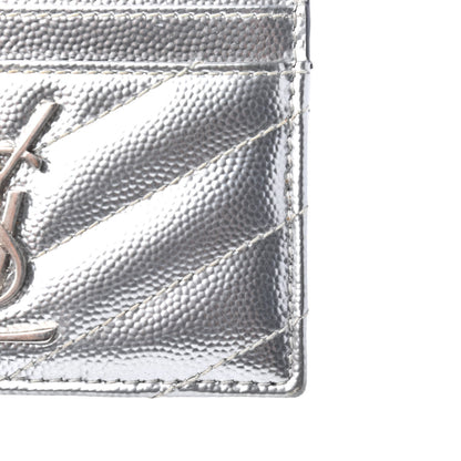 Saint Laurent Metallic Grain De Poudre Matelasse Chevron Monogram Credit Card Case Argento 7 of 9