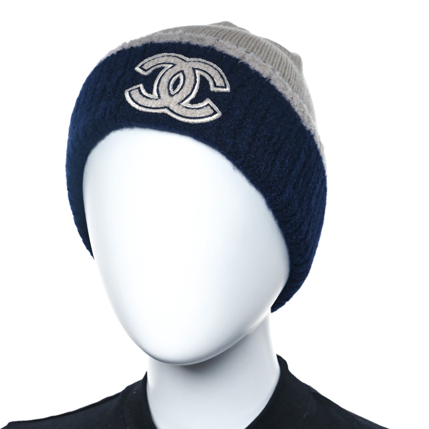 Wool Cashmere Silk CC Beanie Hat Beige Navy Blue