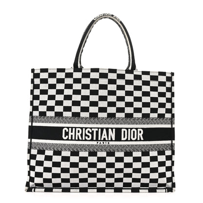 Christian Dior Canvas Embroidered Checkered Book Tote Black White 1 of 10