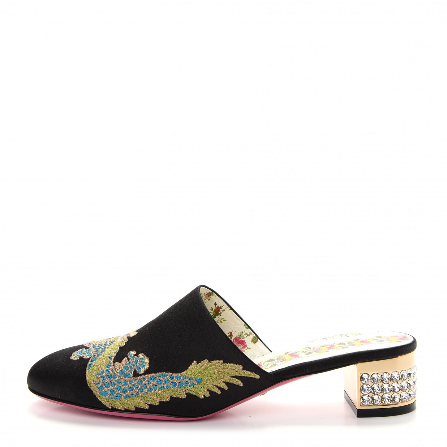 Satin Dragon Embroidered Candy Mules 38.5 Black