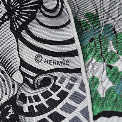 Hermes Silk Sieste Au Paradis Scarf 90 Black White Vert 3 of 4