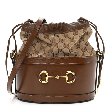 Gucci Monogram Textured Calfskin Horsebit 1955 Drawstring Bucket Bag Beige Brown Sugar 1 of 10