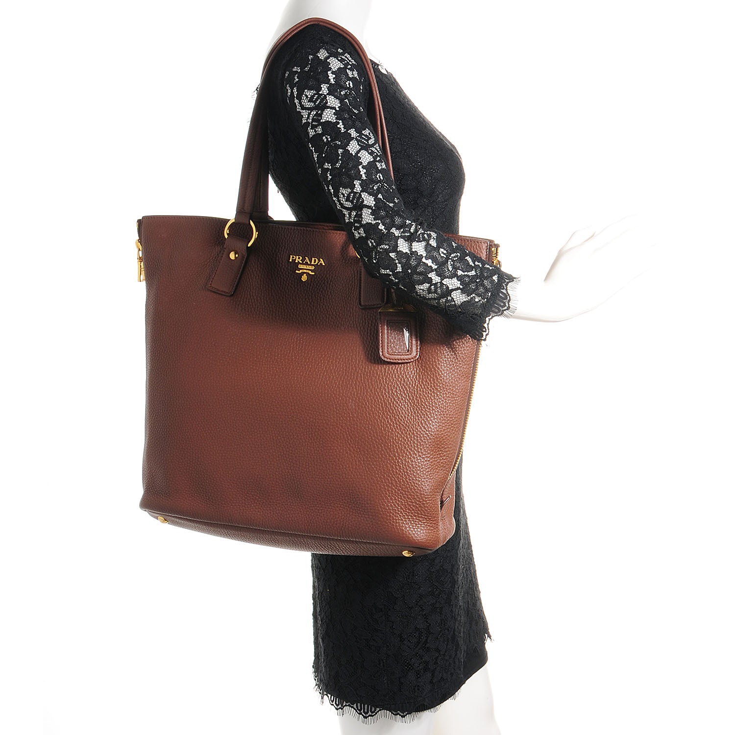 Prada Vitello Daino Side Zip Shopping Tote Palissandro 2 of 16