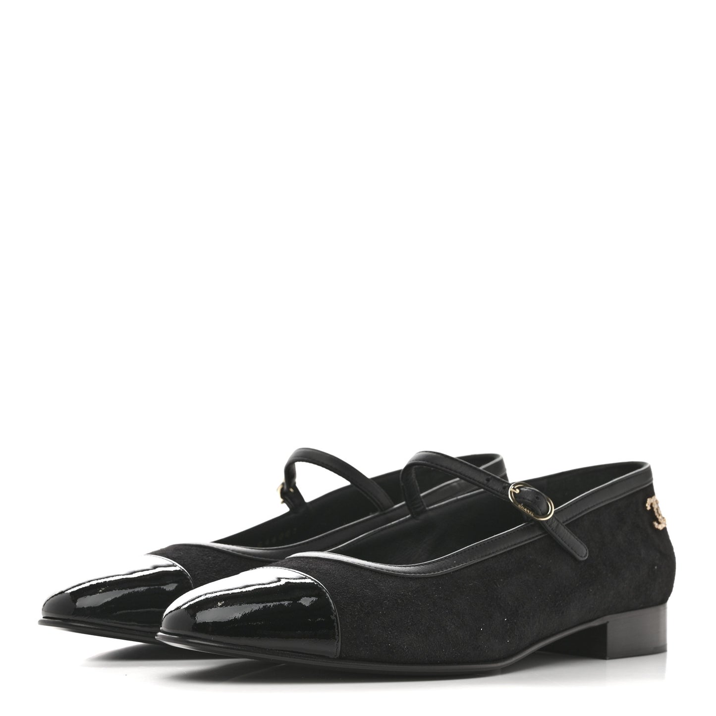 Suede Kidskin Lambskin Patent Calfskin Cap Toe CC Mary Jane Flats 39.5 Black