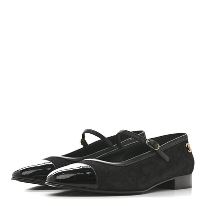 Chanel Suede Kidskin Lambskin Patent Calfskin Cap Toe CC Mary Jane Flats 39.5 Black 4 of 9