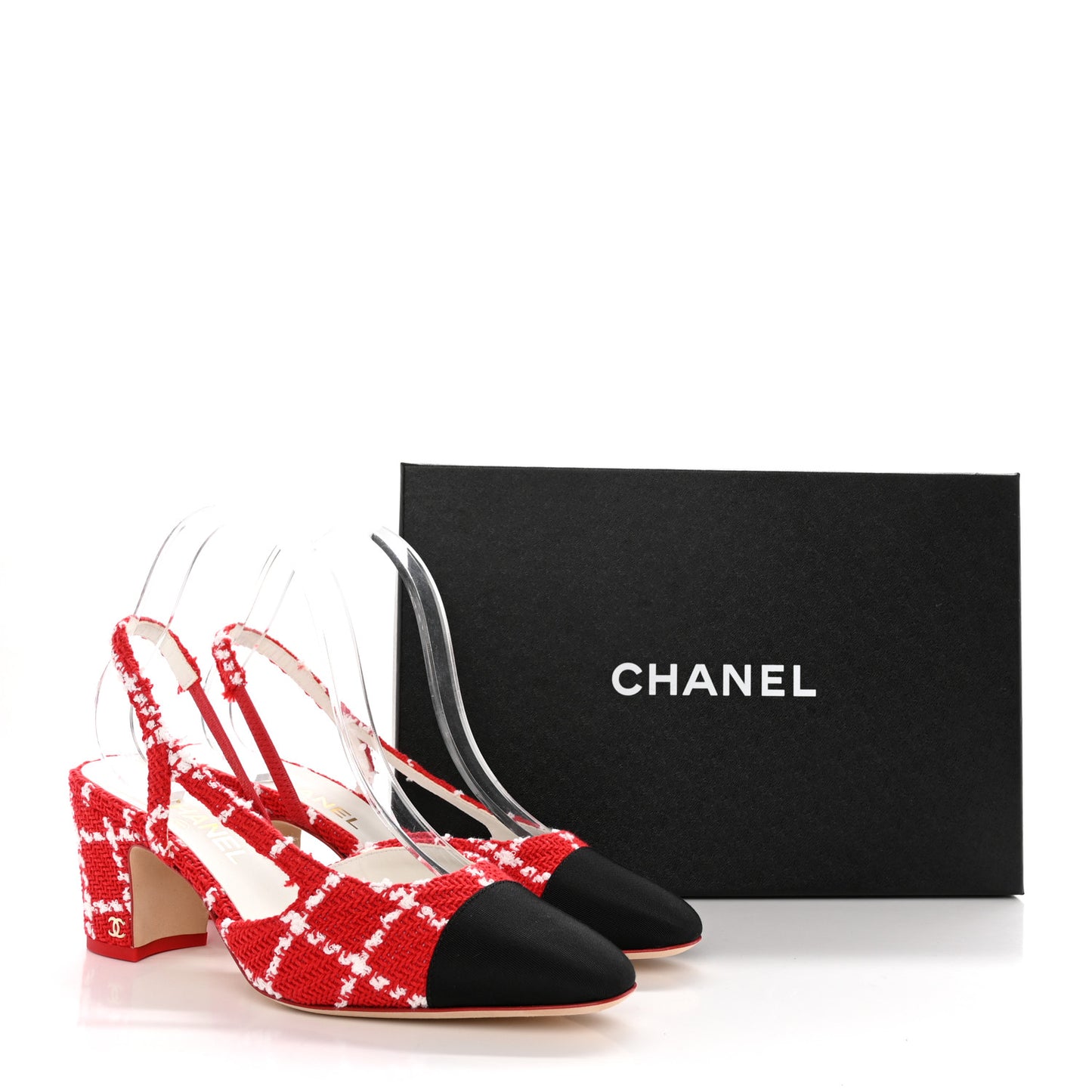 Tweed Grosgrain Cap Toe CC Slingback Pumps 39.5 Red White