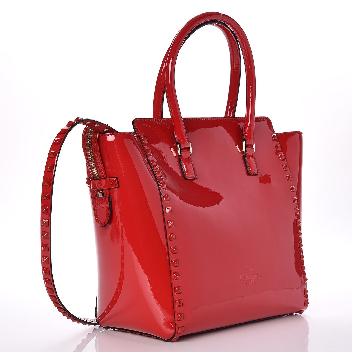 Patent Monochrome Rockstud Double Handle Tote Rosso Valentino