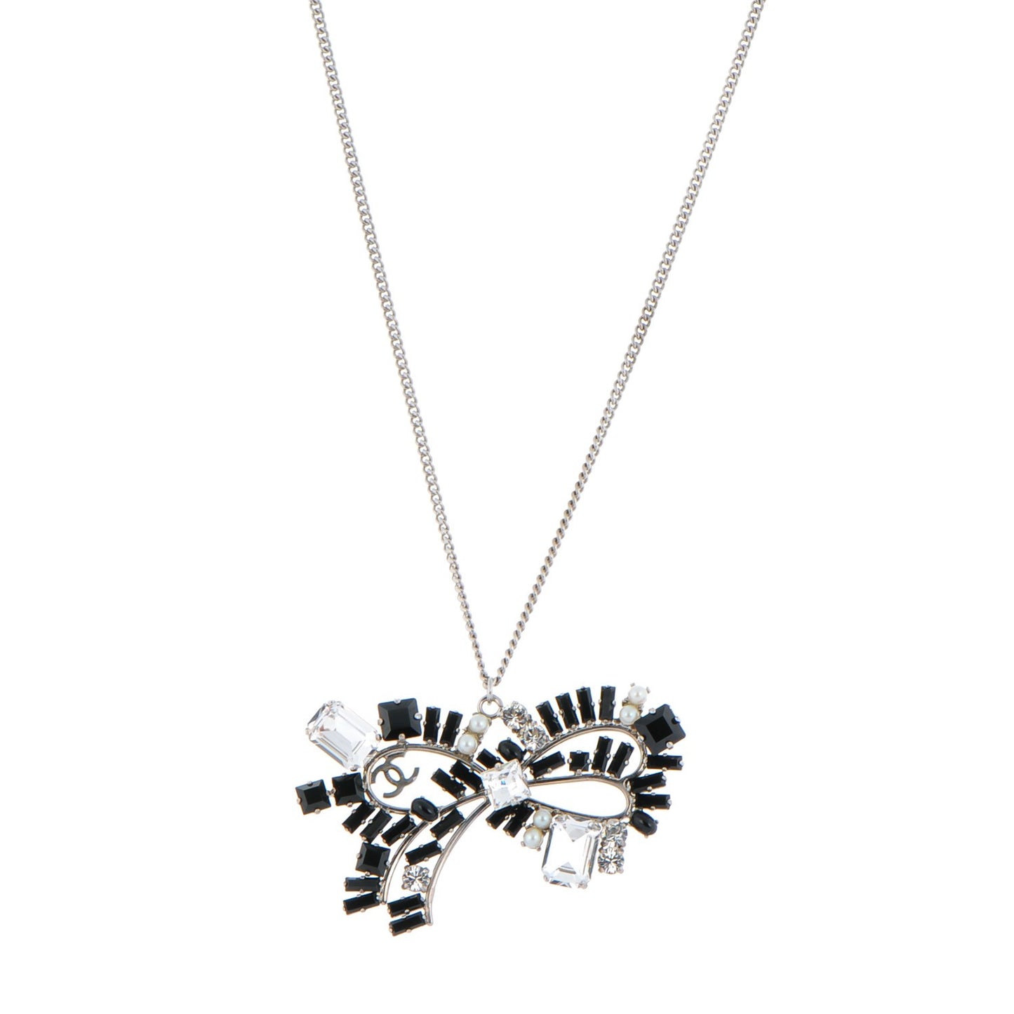 Baguette Crystal Pearl CC Bow Necklace Silver Black