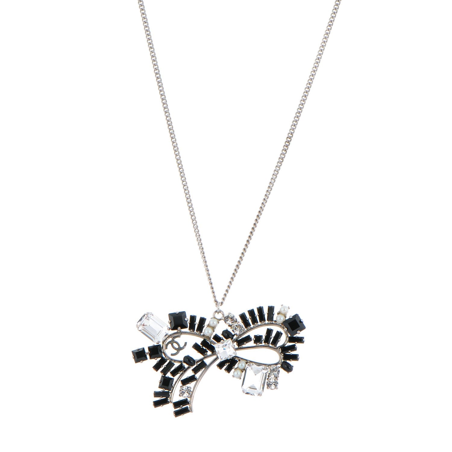 Chanel Baguette Crystal Pearl CC Bow Necklace Silver Black 1 of 3