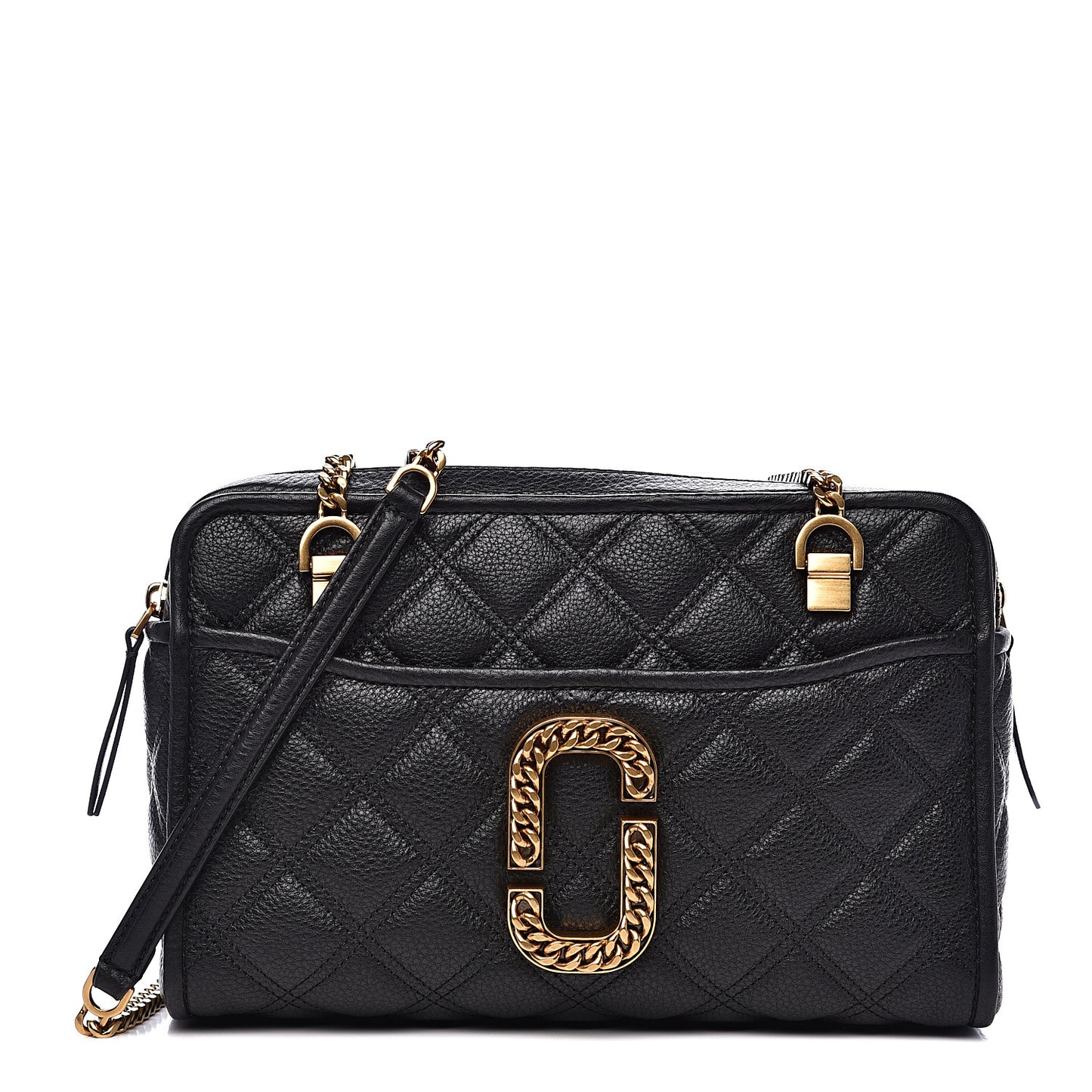 Grained Calfskin Quilted Double Stitched The Status Shoulder Bag Black