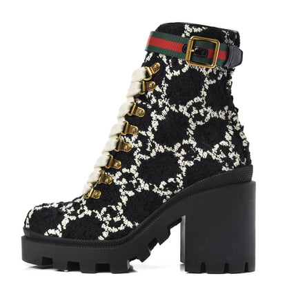 Gucci Tweed GG Monogram Lace Up Combat Ankle Boots 35 Black 1 of 7