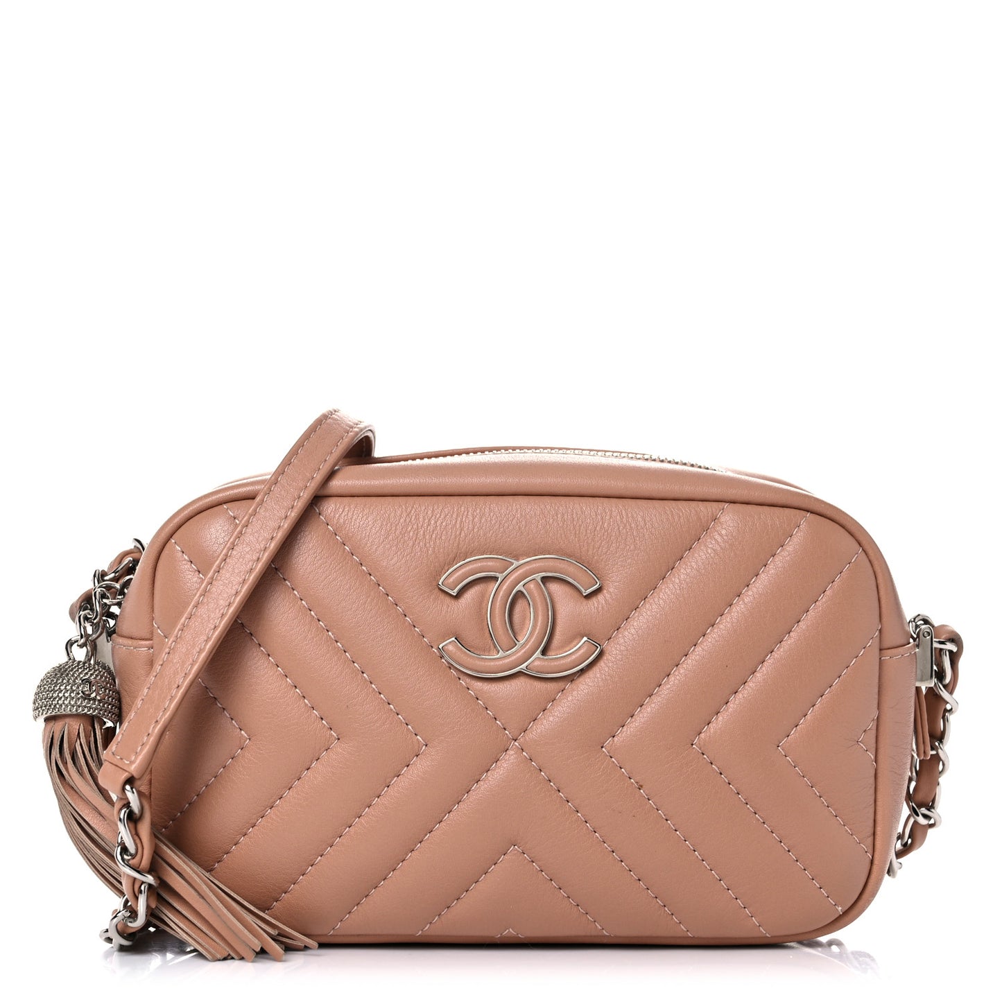 Lambskin Diagonal Chevron Quilted Tassel Camera Case Case Beige