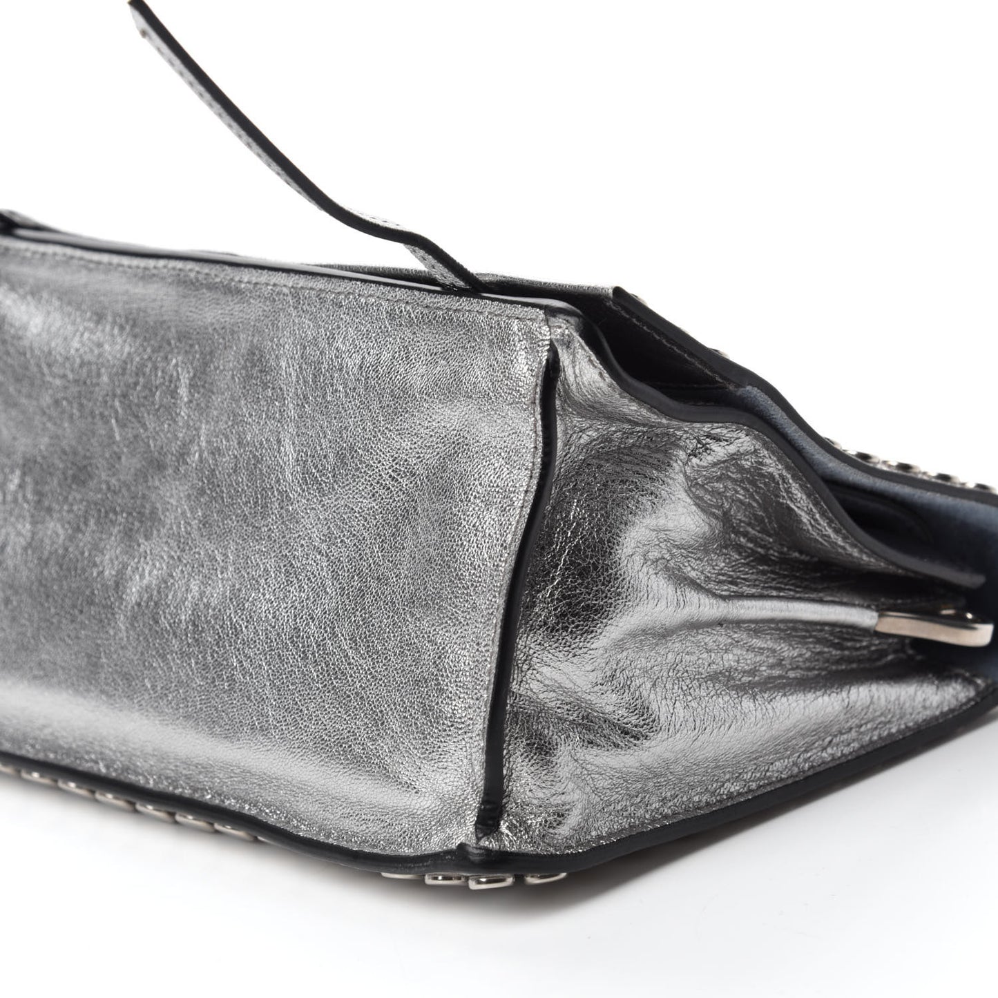 Metallic Glace Calfskin Studded Etiquette Flap Silver