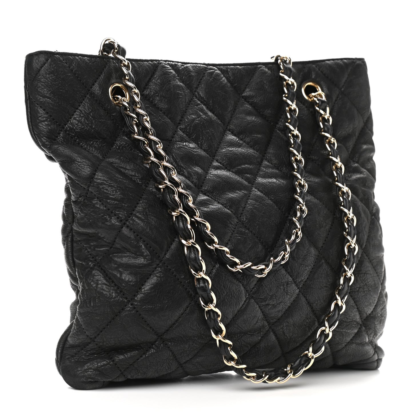 Crumpled Lambskin Quilted CC Shopping Tote Black