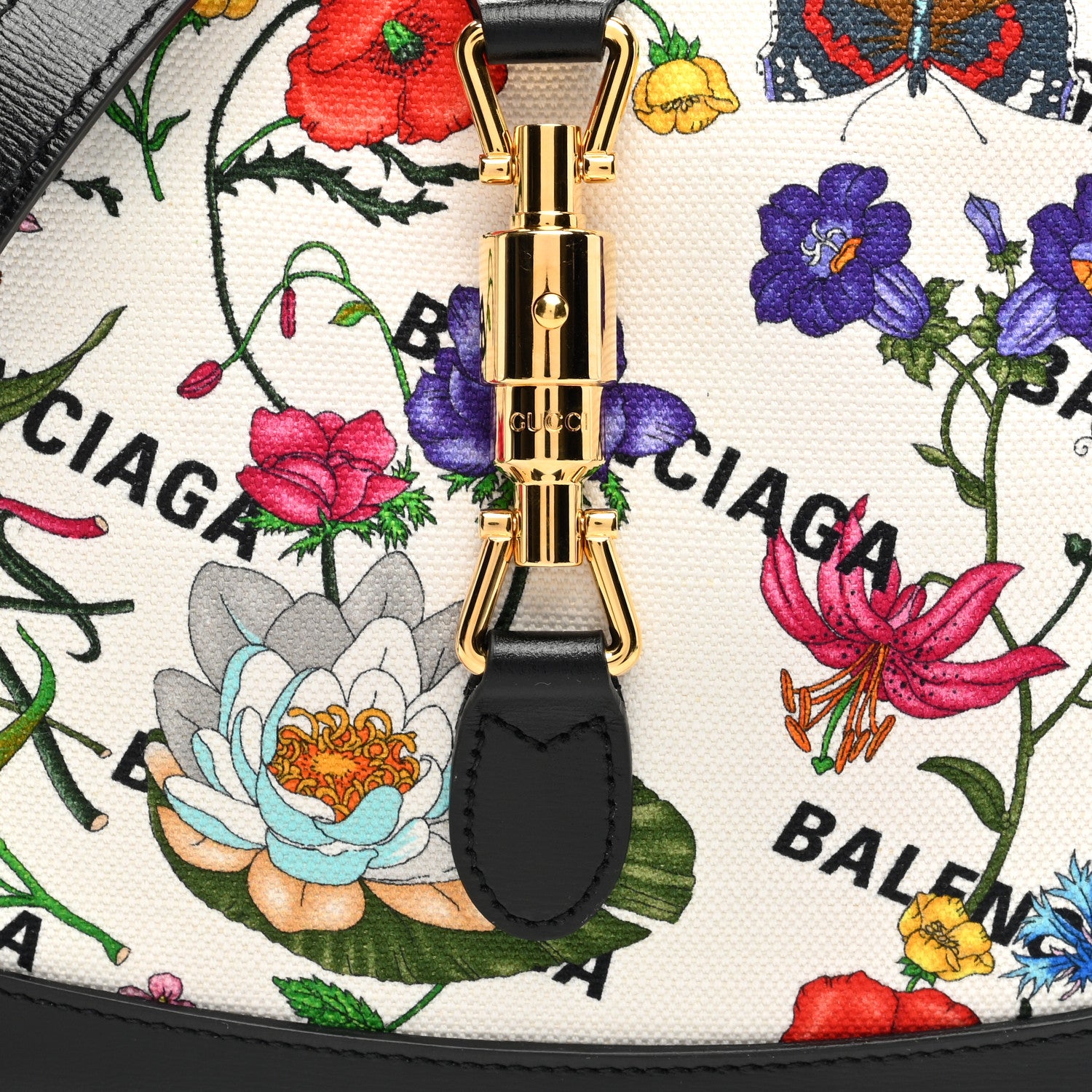 Gucci X BALENCIAGA Canvas Boarded Pluton Calfskin Flora Logo Print Small Jackie 1961 Hobo White Multicolor Black 7 of 9
