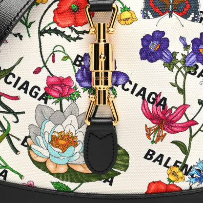 Gucci X BALENCIAGA Canvas Boarded Pluton Calfskin Flora Logo Print Small Jackie 1961 Hobo White Multicolor Black 7 of 9