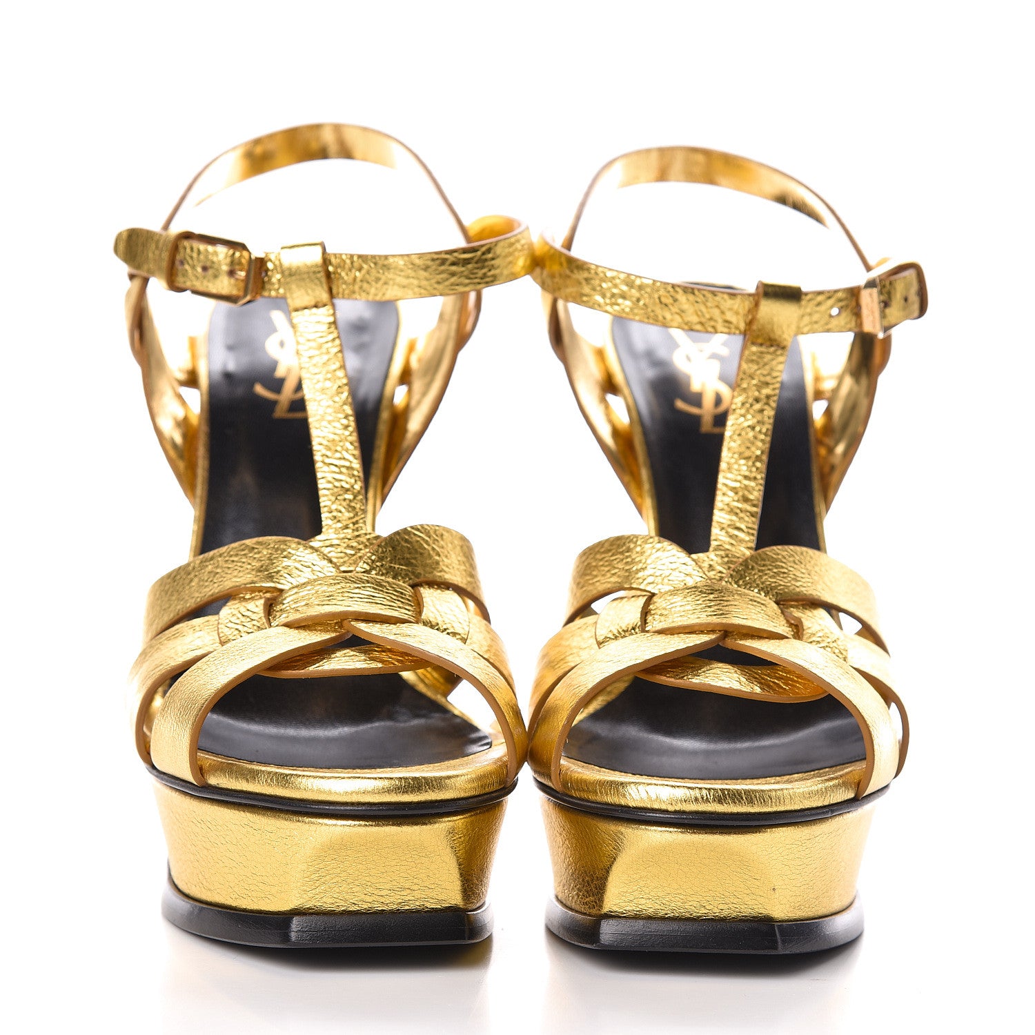 Saint Laurent Metallic Calfskin Tribute 105 Platform Sandals 39 Black Gold 2 of 12