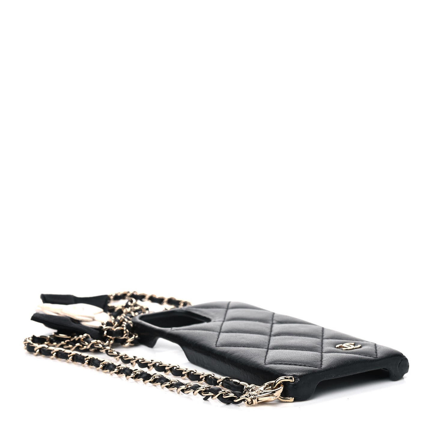 Lambskin Quilted Camellia Bow iPhone XII Pro Case With Chain Black