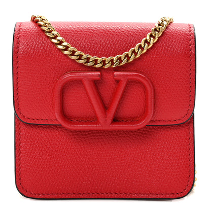 Valentino Garavani VALENTINO GARAVANI Grainy Calfskin VLogo Compact Wallet with Chain Rouge Pur 1 of 9