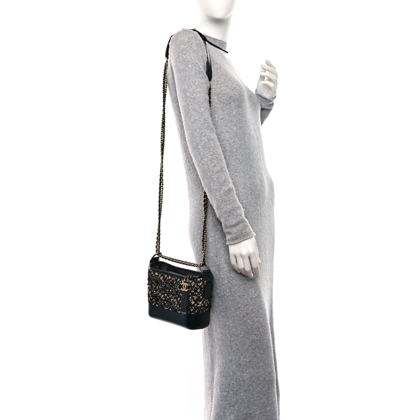 Tweed Sequin Calfskin Small Gabrielle Hobo Beige Black