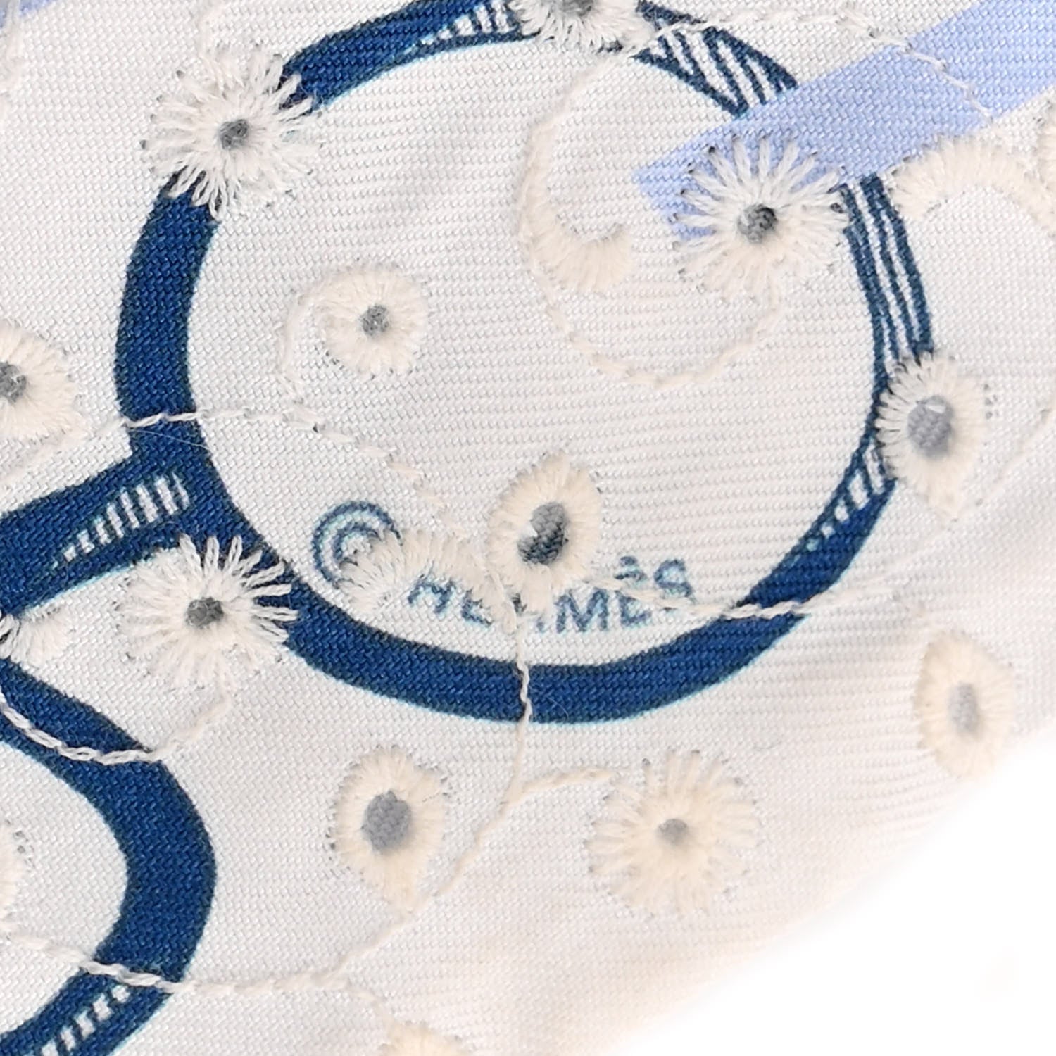 Hermes Silk Embroidered Do Re Boucles Broderie Anglaise Twilly Bleu White Marine 4 of 4
