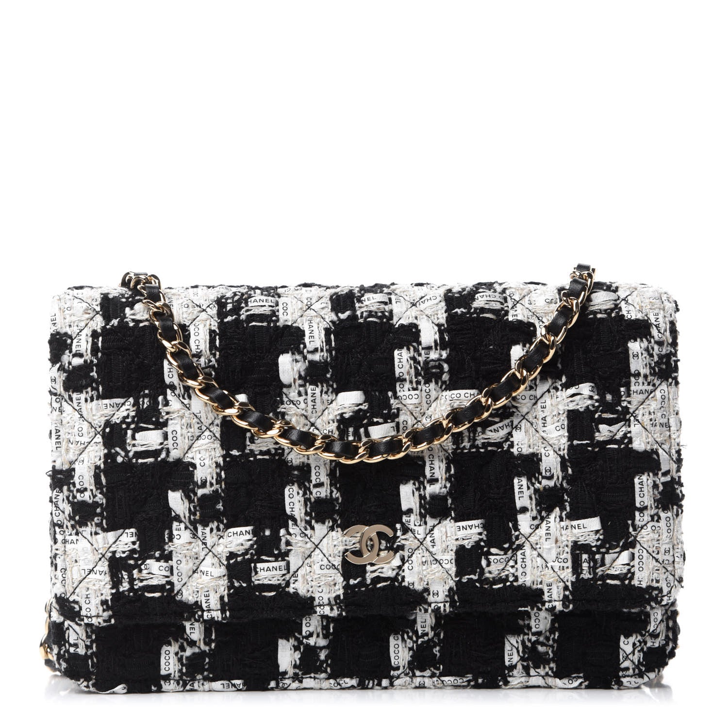 Chanel Tweed Quilted Wallet On Chain WOC Black Ecru White 1 of 12