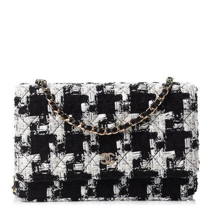 Chanel Tweed Quilted Wallet On Chain WOC Black Ecru White 1 of 12