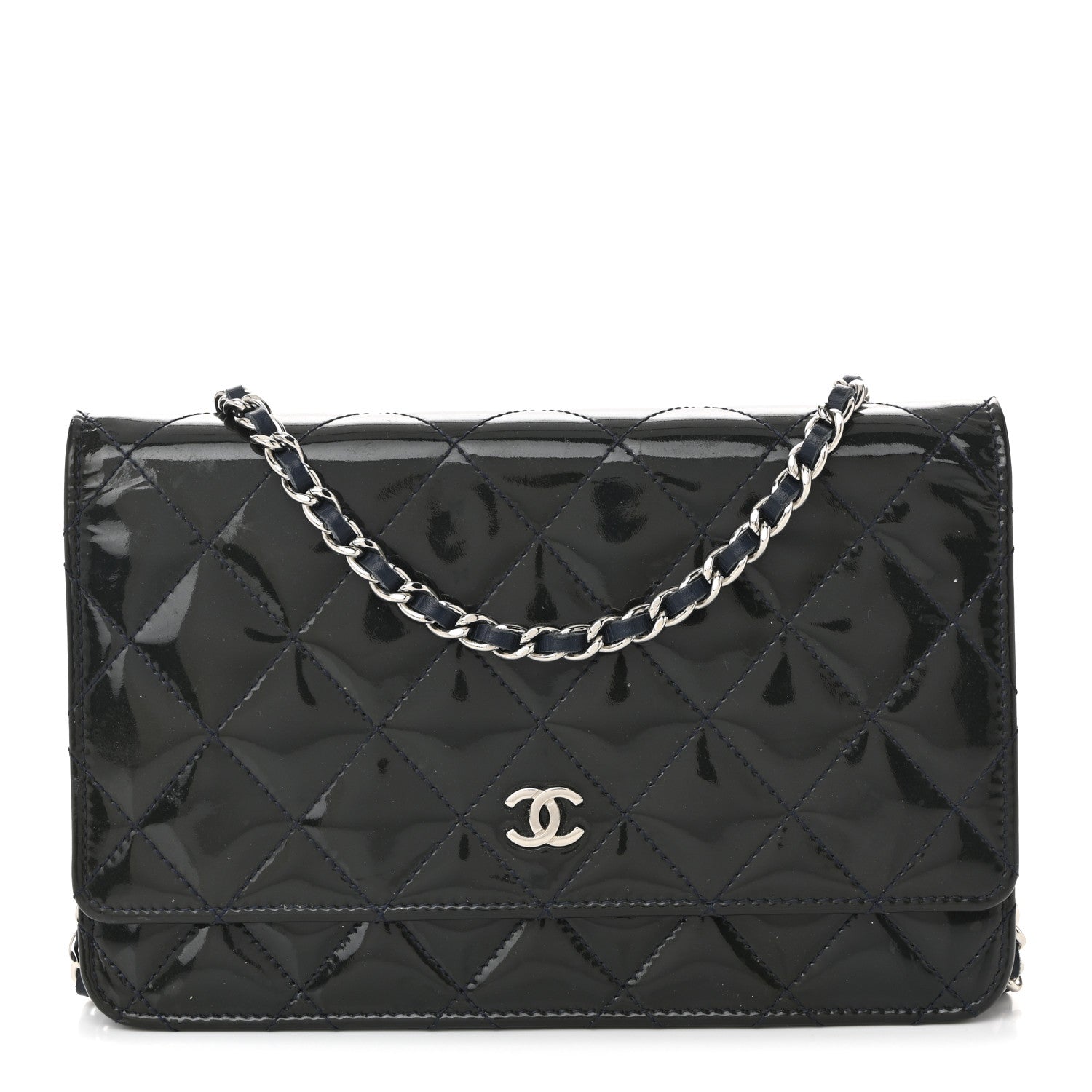 Chanel Patent Quilted Wallet On Chain WOC Navy Blue 2 of 21