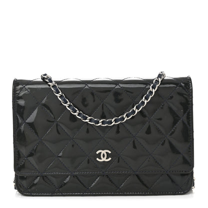 Chanel Patent Quilted Wallet On Chain WOC Navy Blue 2 of 21