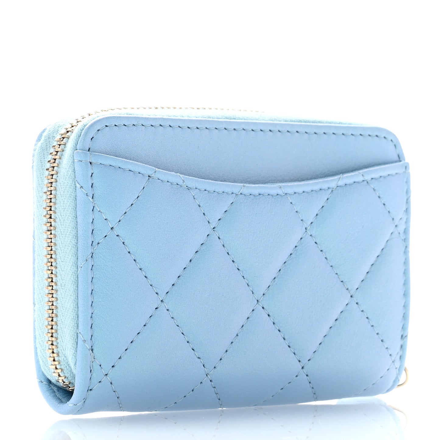 Iridescent Calfskin Quilted Zip Coin Purse Wallet Light Blue