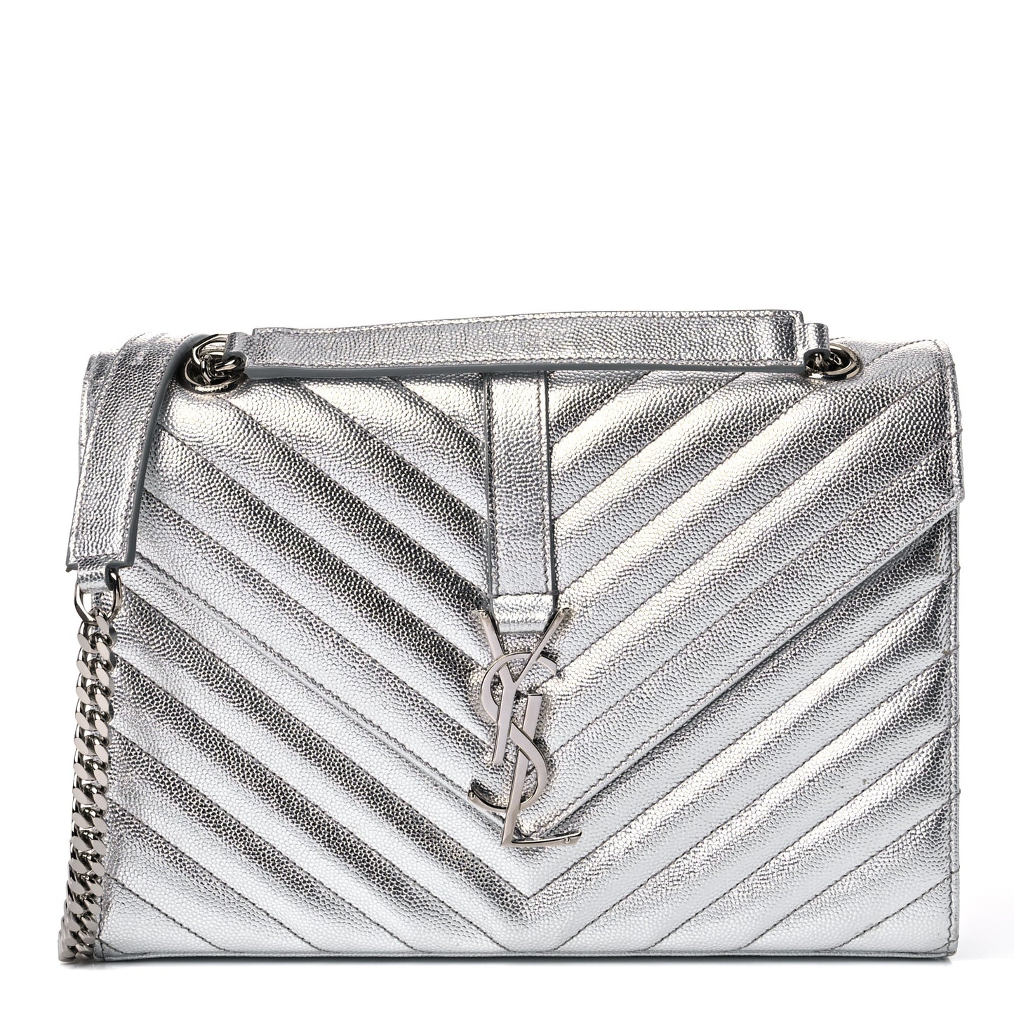 Metallic Grain De Poudre Matelasse Chevron Medium Monogram Satchel Silver