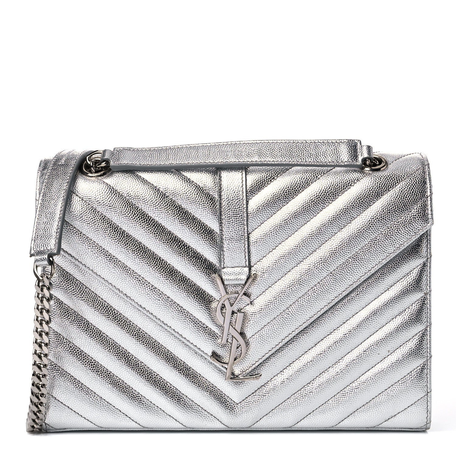 Saint Laurent Metallic Grain De Poudre Matelasse Chevron Medium Monogram Satchel Silver 1 of 12