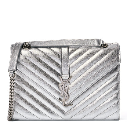 Saint Laurent Metallic Grain De Poudre Matelasse Chevron Medium Monogram Satchel Silver 1 of 12