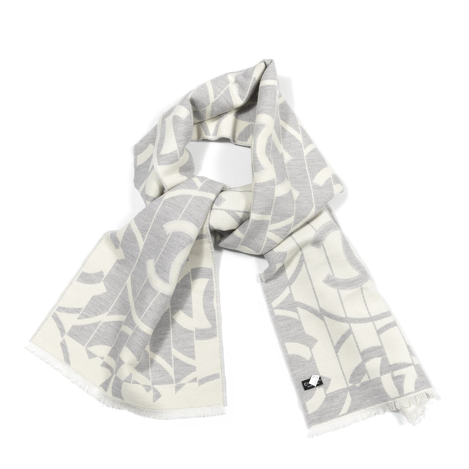 Chanel Wool Silk CC Scarf Grey Ivory 2 of 3