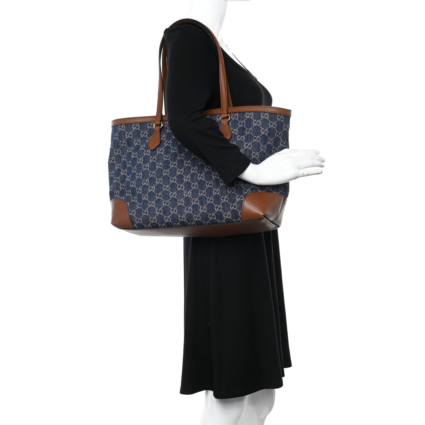 New Denim GG Monogram Medium Ophidia Shopping Tote Blue Tea Cuir