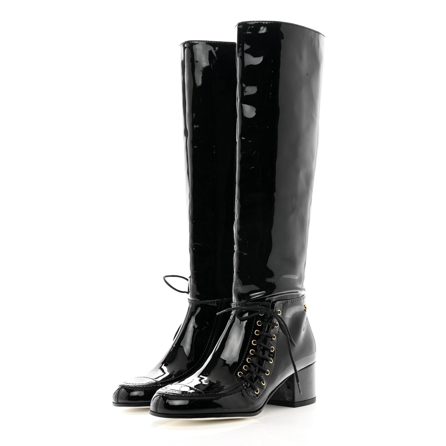 Patent Lace Up High Boots 35 Black