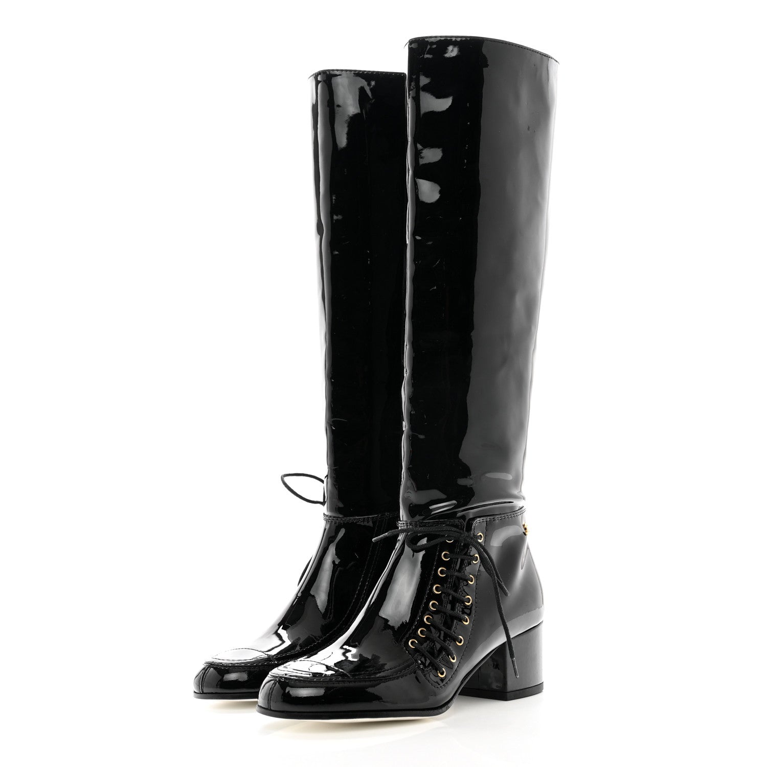 Chanel Patent Lace Up High Boots 35 Black 3 of 8