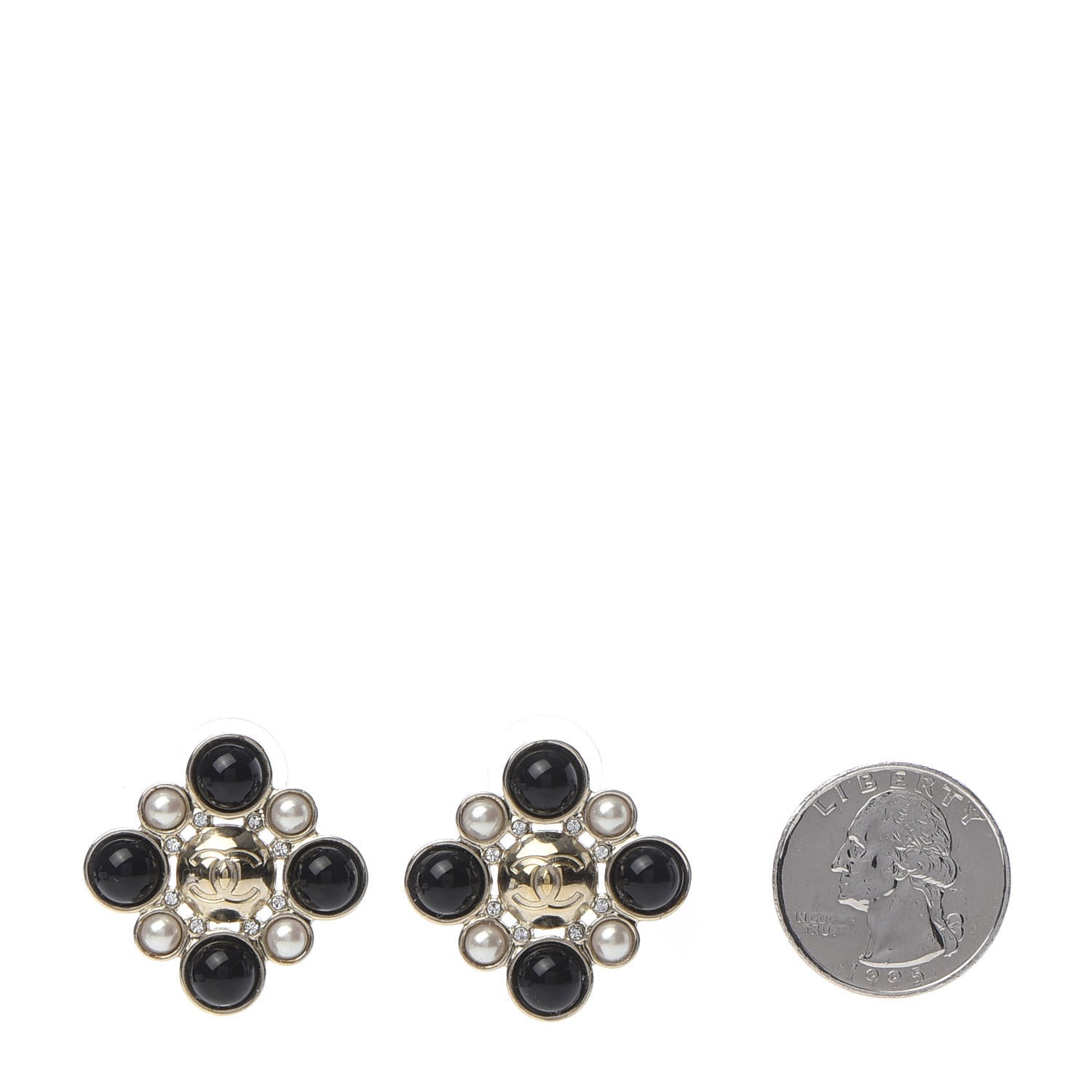 Chanel Enamel Pearl Crystal CC Earrings Black Gold 2 of 5